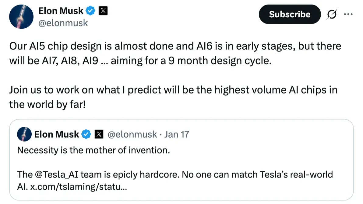 Tesla "almost done" with AI5 chip design with 10x the computing power of HW4